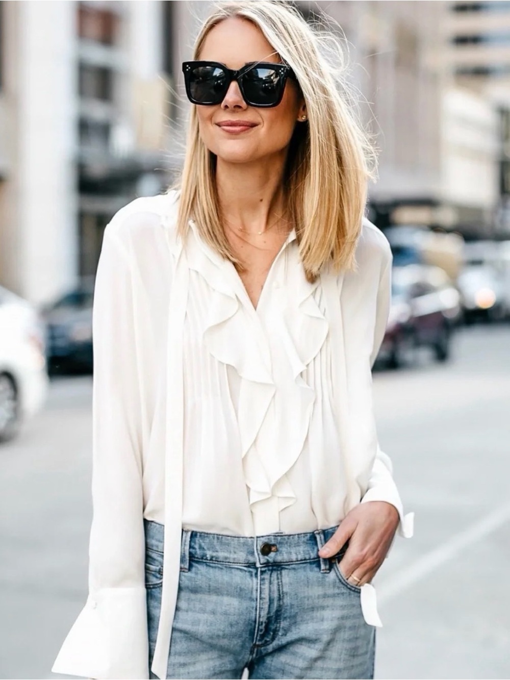 Ann TaylorElegant White Ruffle Tie-Neck Blouse